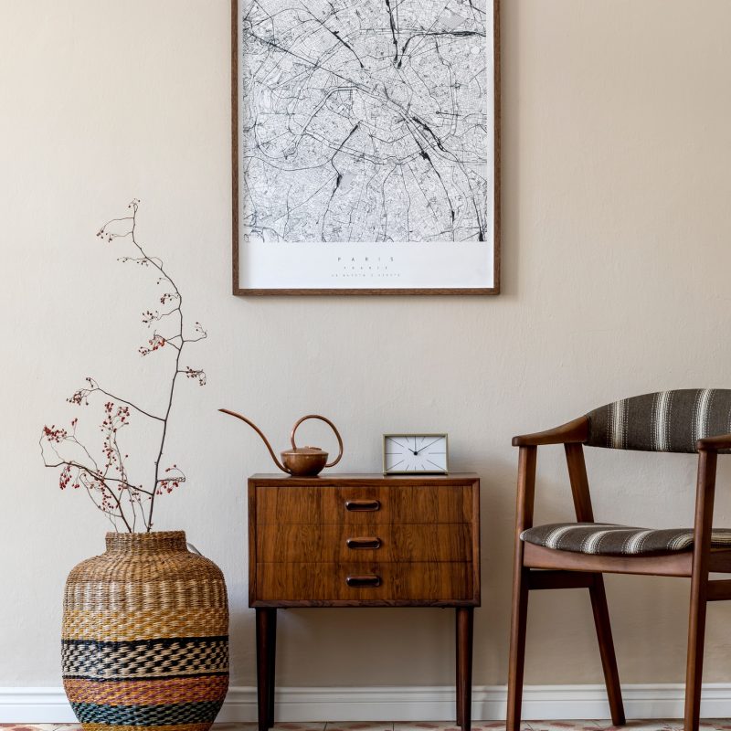 Design scandinavian home interior of living room.Beige wall. Modern home staging. Template. Japandi.